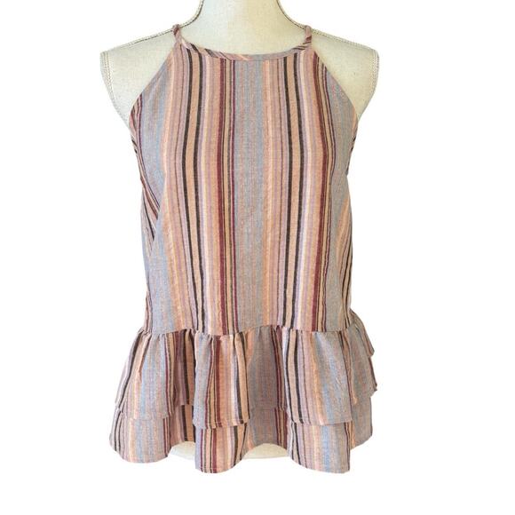 Alya Taupe Striped Ruffle Sleeveless Top Small - Picture 1 of 3